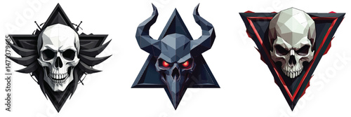 Cut-out set of low-poly cursed raven skull in a vector illustration against a Transparent or white background, best for logo design, print, sticker or clipart.