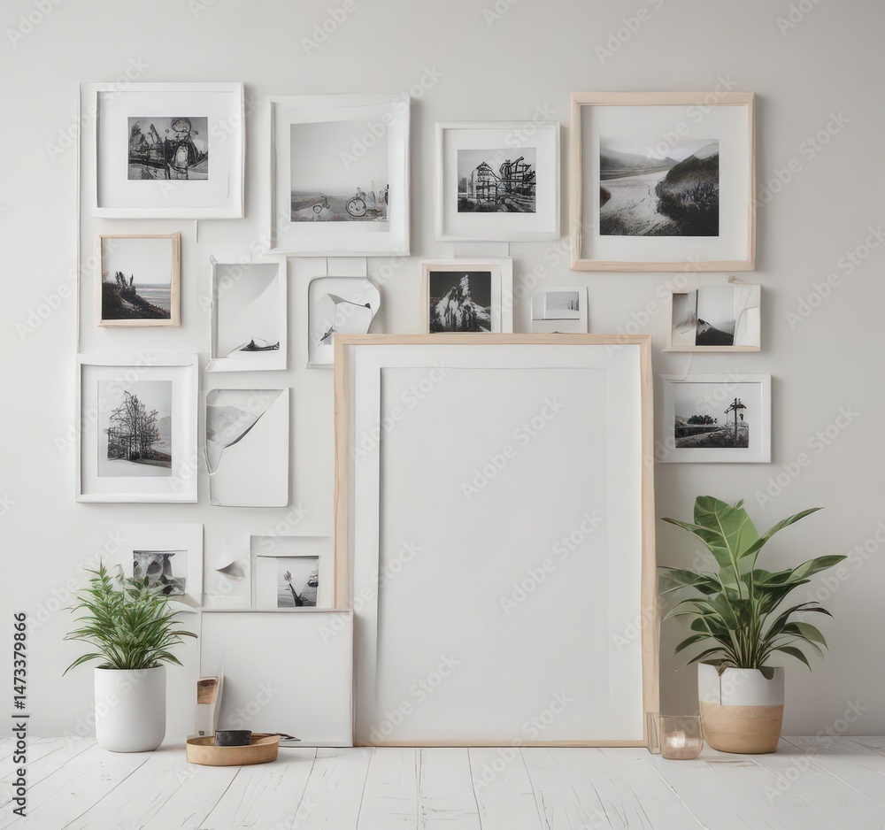 Fototapeta premium Stylish photo frame collage mockup on white background , background, interior, wall art