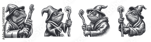 Detailed Illustration of Wizards Frogs with Magical Sticks