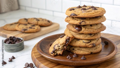 A stack of delicious chocolate chip cookies on a wooden plate.