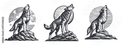 Howling Wolves Illustration with Moon Background in Three Poses