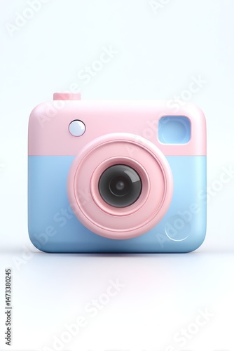 Small toy camera pink and blue on a white background.