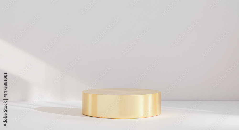 Golden cylindrical pedestal or display platform against a white background with light. Golden cylindrical pedestal or display platform against a white background with light.