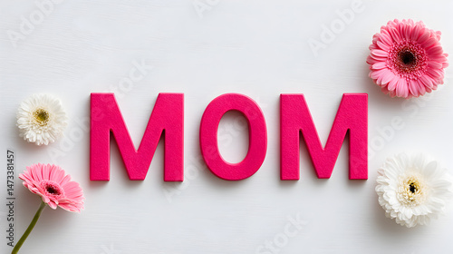 Vibrant pink letters spelling MOM surrounded by delicate flowers on a light background, creating a warm and loving atmosphere for Mother's Day celebration. Selective focus