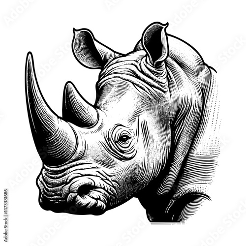 Rhino engraving black and white outline. Scratch board imitation.  illustrated in vintage line art style on a white background.