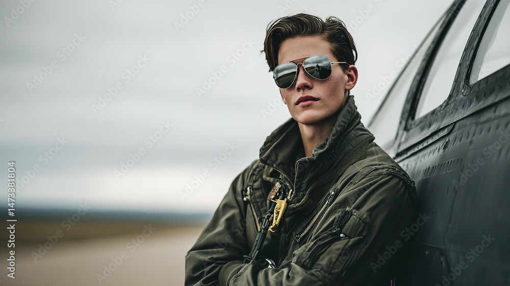 A person in aviator sunglasses leans against a military aircraft. A person in aviator sunglasses leans against a military aircraft.