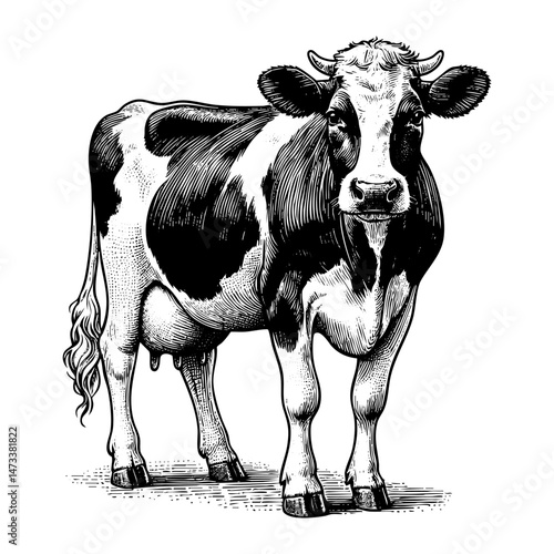 Dairy cow sketch engraving black and white outline. Scratch board imitation.  illustrated in vintage line art style on a white background.