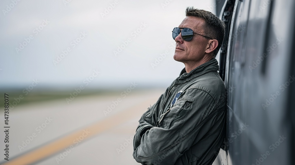 A pensive aviator leaning against a hangar. A pensive aviator leaning against a hangar.
