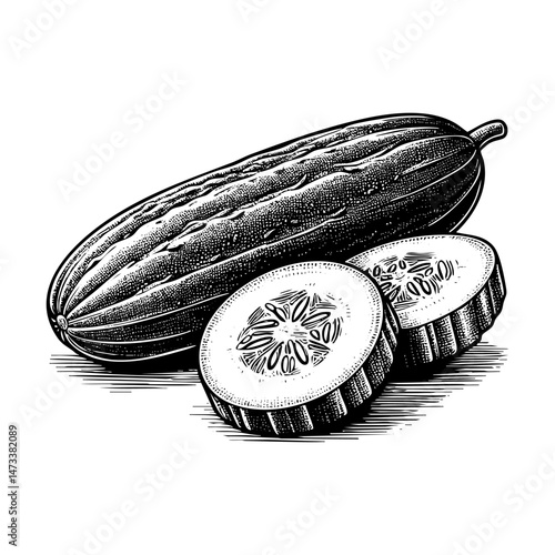 Slice of cucumber sketch engraving black and white outline. Scratch board imitation.  illustrated in vintage line art style on a white background.