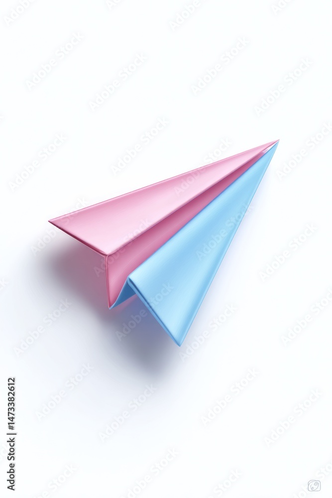 Pink and blue paper airplane on white background simple design. Pink and blue paper airplane on white background simple design.