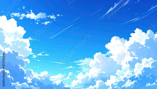 アニメーション風の青空と雲。Animated blue sky with clouds.