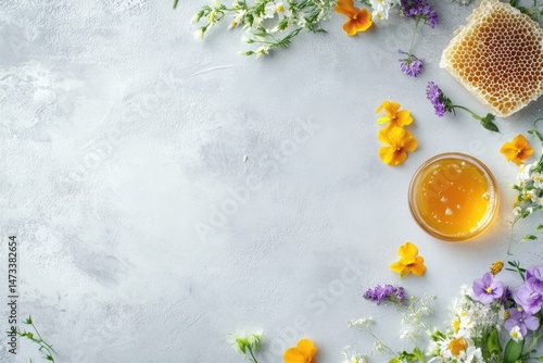 Honeycomb and Flowers Arrangement on a Light Gray Surface
