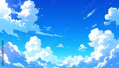 アニメーション風の青空と雲。Animated blue sky with clouds.