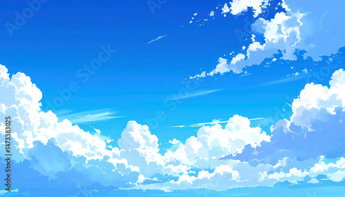 アニメーション風の青空と雲。Animated blue sky with clouds.