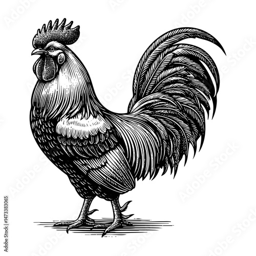 Rooster sketch engraving black and white outline. Scratch board imitation.  illustrated in vintage line art style on a white background.