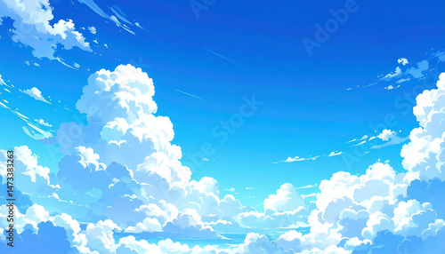 アニメーション風の青空と雲。Animated blue sky with clouds.