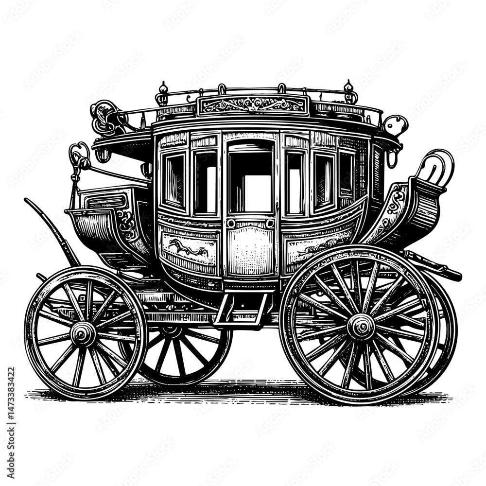 Fototapeta premium Luxury Royal family wagon sketch engraving black and white outline. Scratch board imitation. illustrated in vintage line art style on a white background.