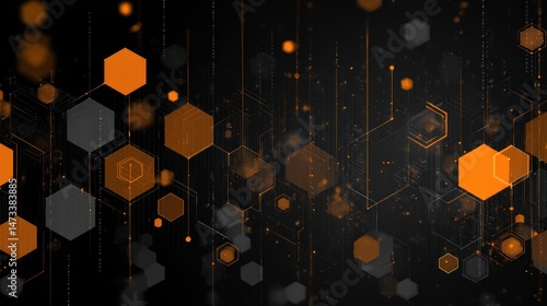 Abstract background with floating orange and gray hexagons against a dark backdrop.