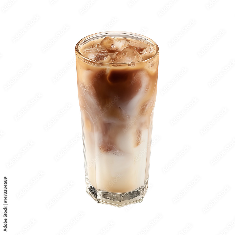 A refreshing glass of iced latte with a creamy layer of milk. The drink is topped with ice cubes and looks ready to be enjoyed A refreshing glass of iced latte with a creamy layer of milk. The drink is topped with ice cubes and looks ready to be enjoyed