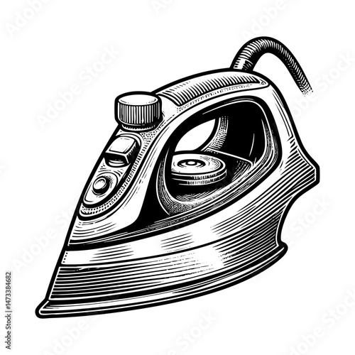 Steam cloth iron sketch engraving black and white outline. Scratch board imitation.