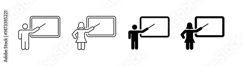 Teacher icon line style and flat glyph style. Icon set related to education, school, and learning.