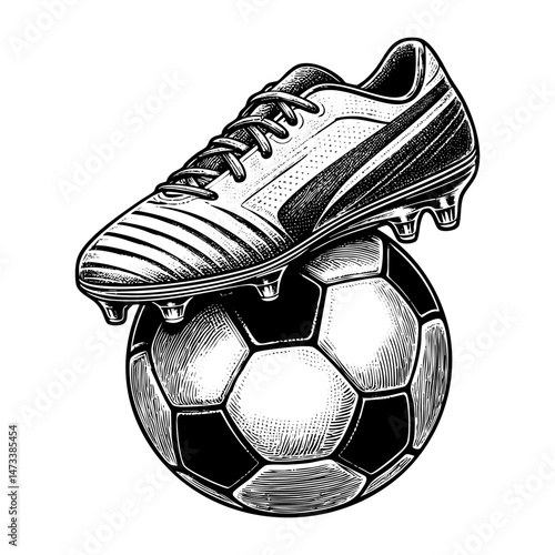 Soccer cleat on top of a soccer Ball sketch engraving black and white outline. Scratch board imitation. illustrated in vintage line art style on a white background.