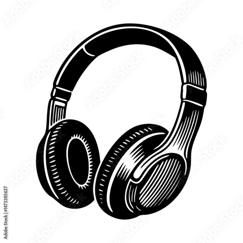 Headphone engraving black and white outline. Scratch board imitation.  illustrated in vintage line art style on a white background.