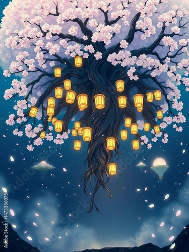 Surreal Nighttime Image of a Flowering Tree Illuminated by Hanging Lanterns