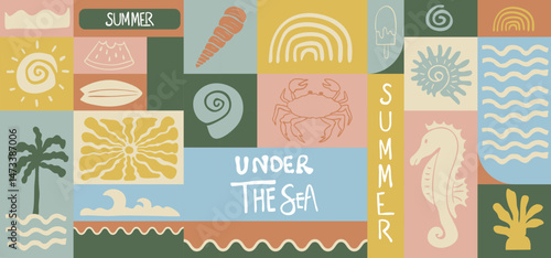 Summer geometric banner background with seahorse,rainbow,shell.graphic for horizontal design
