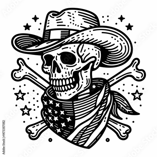 skeleton with cowboy hat and american flag overlay scarf Skull Crossbones. Skeletal sport clipart silhouette vector illustration. Bony form in western headwear usa banner drape bone design.
