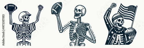 Skeleton as American Football Fan Cheering. Skeletal sport clipart silhouette vector illustration. Bony supporter boosting spirit during gridiron contest excited animated corpse.