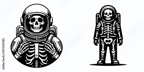 skeleton in astronaut costume. Skeletal sport clipart silhouette vector illustration. Bony spaceman attire celestial void exploration cosmic journey representation.
