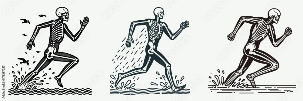Skeleton as Triathlete Running from Water. Skeletal sport clipart silhouette vector illustration. Bony athlete sprinting onward leaving aquatic zone endurance challenge. Skeleton as Triathlete Running from Water. Skeletal sport clipart silhouette vector illustration. Bony athlete sprinting onward leaving aquatic zone endurance challenge.