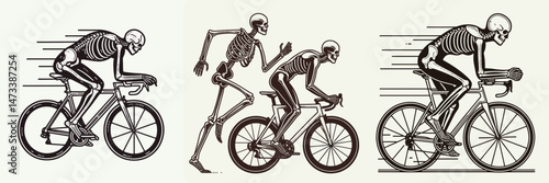 Skeleton as Triathlete Transitioning to Bike. Skeletal sport clipart silhouette vector illustration. athletes bicycle race journey a bone structures triathlon cycle phase.