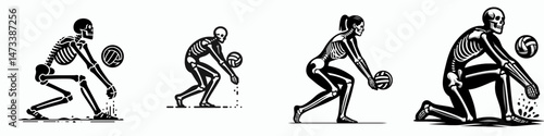 Skeleton as Volleyball Player Digging. Skeletal sport clipart silhouette vector illustration. Bony athlete playing court game excavating ground halloween action.