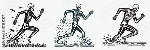 Skeleton as Triathlete Running from Water. Skeletal sport clipart silhouette vector illustration. Bony athlete sprinting onward leaving aquatic zone endurance challenge.