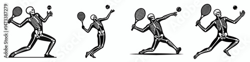 Skeleton as Tennis Player Volley. Skeletal sport clipart silhouette vector illustration. Bony athlete action pose a figure serving during court game.