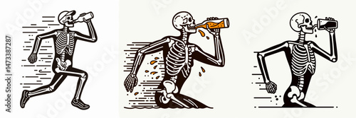 Skeleton as Triathlete Drinking Mid race. Skeletal sport clipart silhouette vector illustration. Bony athlete hydrating during triathlon competition refreshment break.