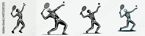 Skeleton as Tennis Player Serving. Skeletal sport clipart silhouette vector illustration. athlete at the court launches projectile athletic bony figure action.