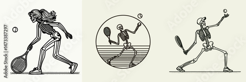 Skeleton as Tennis Player Picking Up Ball. Skeletal sport clipart silhouette vector illustration. Bony athlete retrieving orb during lawn match a macabre sporting concept.