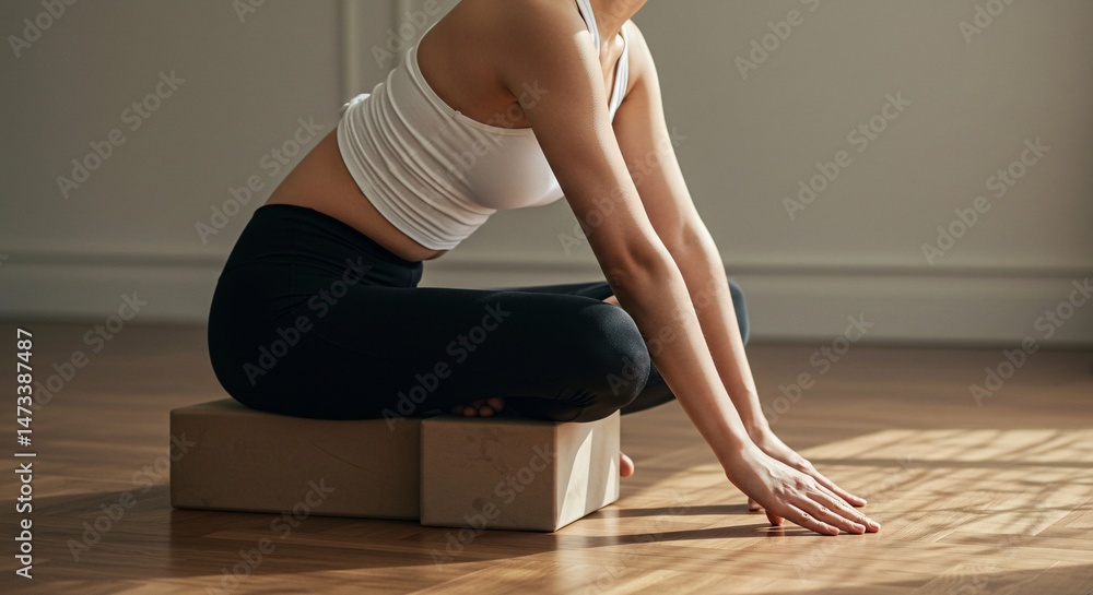 Fototapeta premium Woman Practicing Yoga Pose with Wooden Block, Peaceful Home Workout
