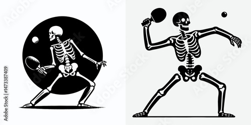 Skeleton as Table Tennis Serving. Skeletal sport clipart silhouette vector illustration. Bony framework performing initiation athlete at play.
