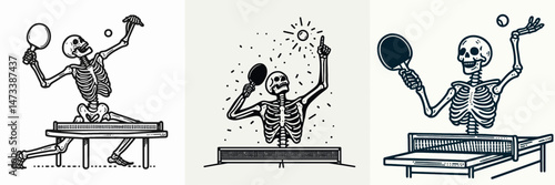 Skeleton as Table Tennis Player Celebrating Point. Skeletal sport clipart silhouette vector illustration. Bony athlete rejoicing after ping pong score victory skeletal triumphant.