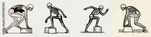 Skeleton as Swimmer Stepping Onto Block. Skeletal sport clipart silhouette vector illustration. Bony form like athlete ascending platform after aquatic activity.