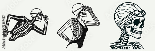 Skeleton as Swimmer Wearing Cap. Skeletal sport clipart silhouette vector illustration. Bony figure in aquatic action donning head covering for open water activity.