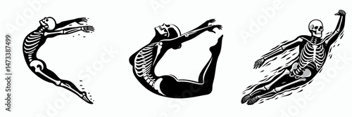 Skeleton as Swimmer Doing Backstroke. Skeletal sport clipart silhouette vector illustration. Bony figure in aquatic activity executing an overhead stroke motion.