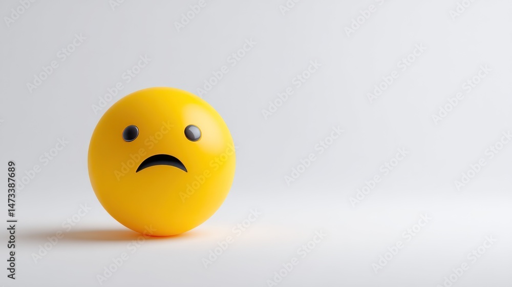 Fototapeta premium Yellow ball with a sad face expression on a white background.