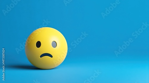 Yellow sad face emoji ball on a solid blue background.
