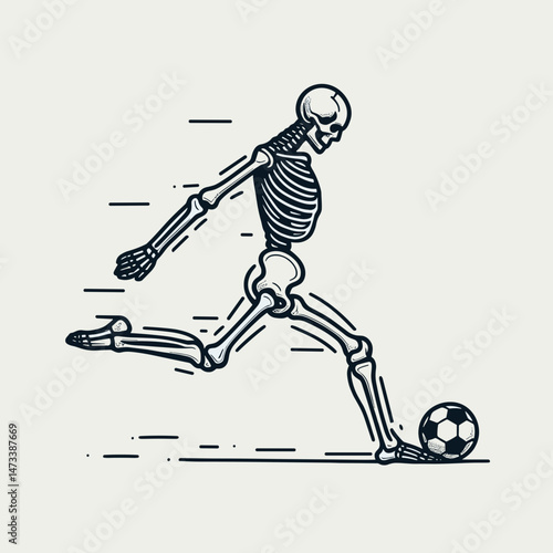 Skeleton as Soccer Player Taking Penalty. Skeletal sport clipart silhouette vector illustration. Bony athlete kicking ball for goal execution comical macabre moment.