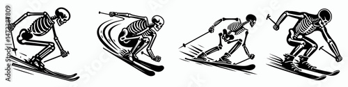 Skeleton as Skiing Turning. Skeletal sport clipart silhouette vector illustration. sled maneuvering winter descent technique ice track racing form.